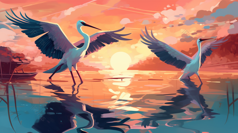 阳光下湖面翩翩起舞的天鹅唯美插画背景,插画/手绘图,插画/手绘图库,插画/手绘图下载,插画/手绘